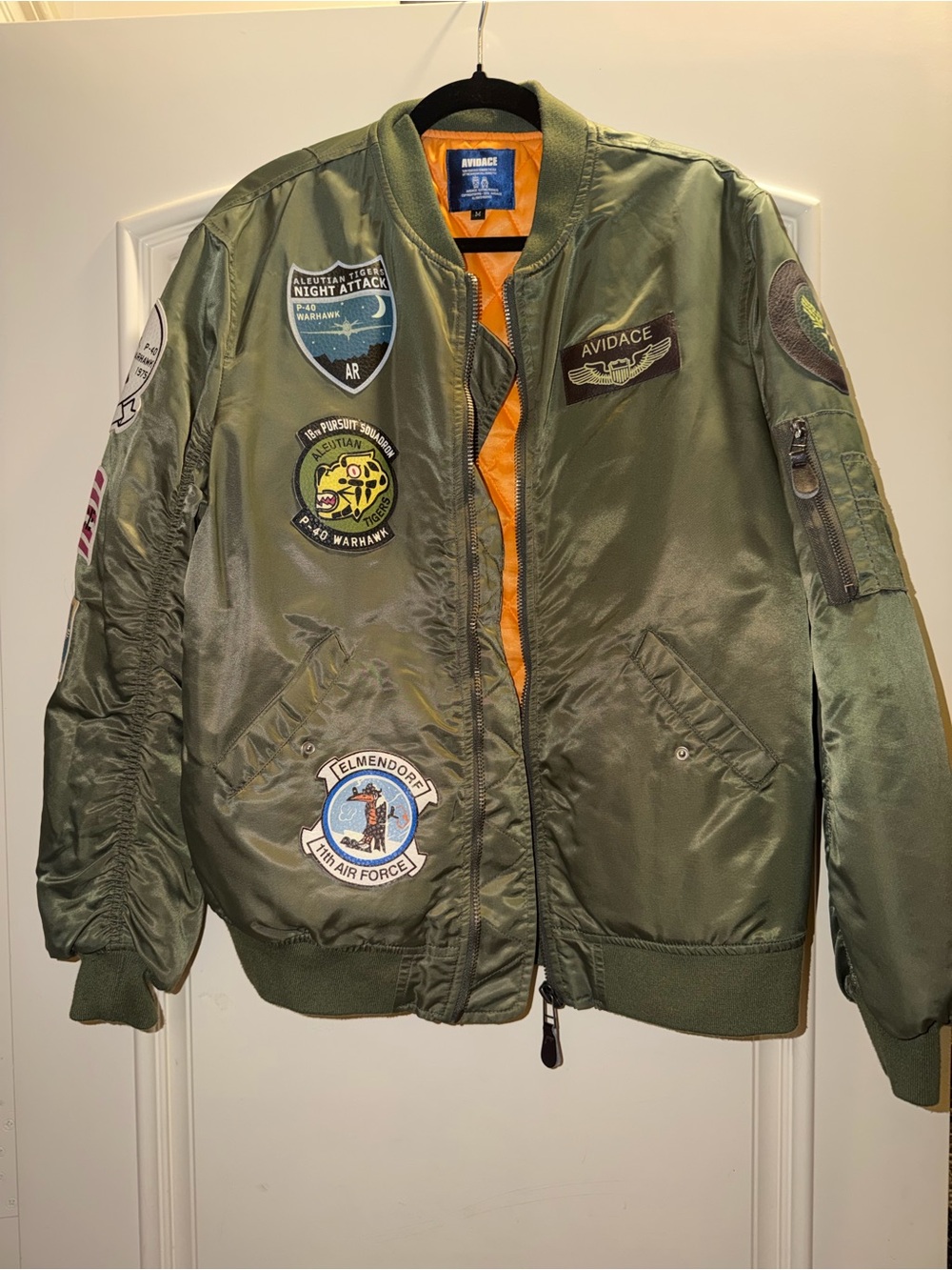 Men's Olive Patch Bomber Jacket with Orange Liner